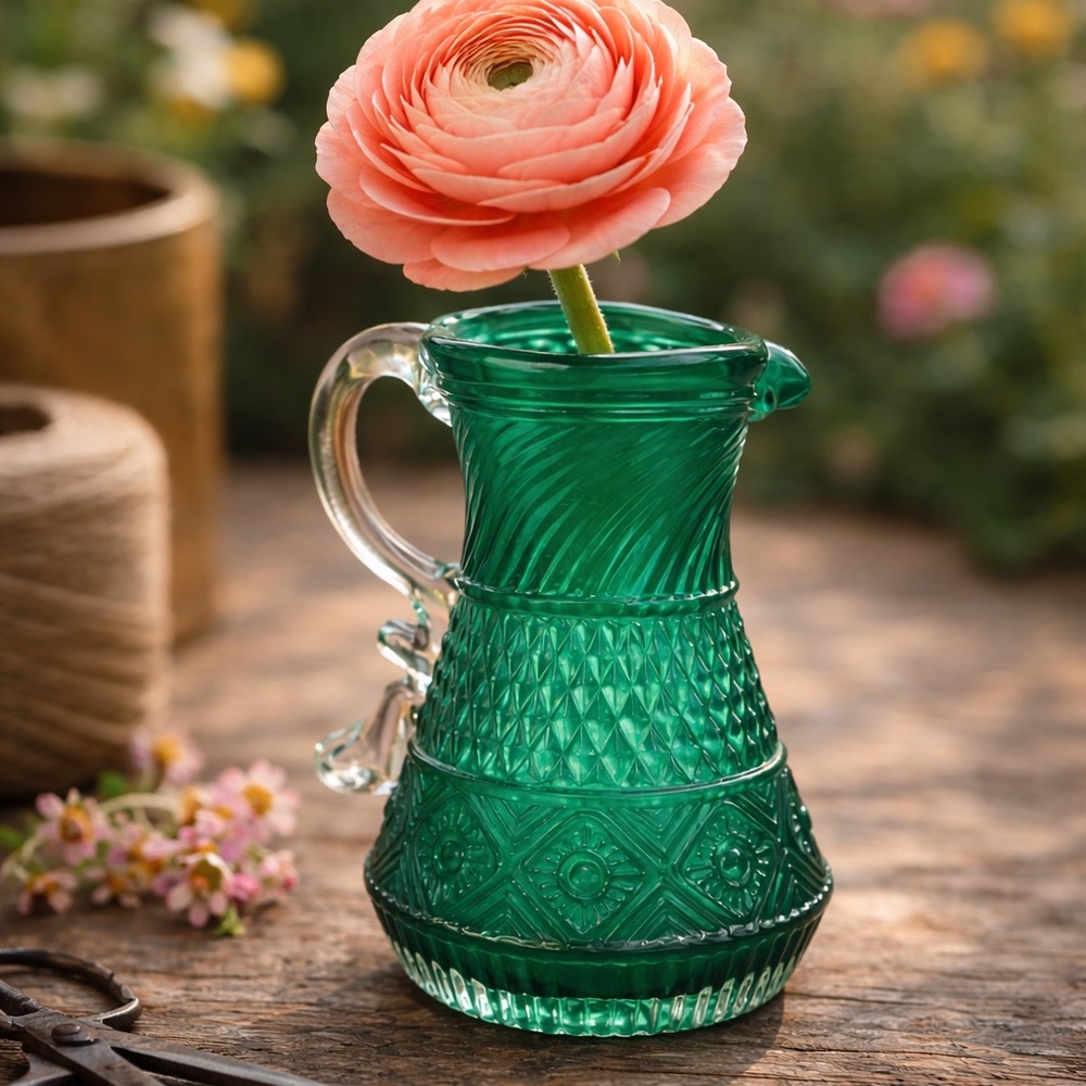 Victorian Emerald Pressed Glass Mini Pitcher Bud Vase Antique EAPG Green Creamer